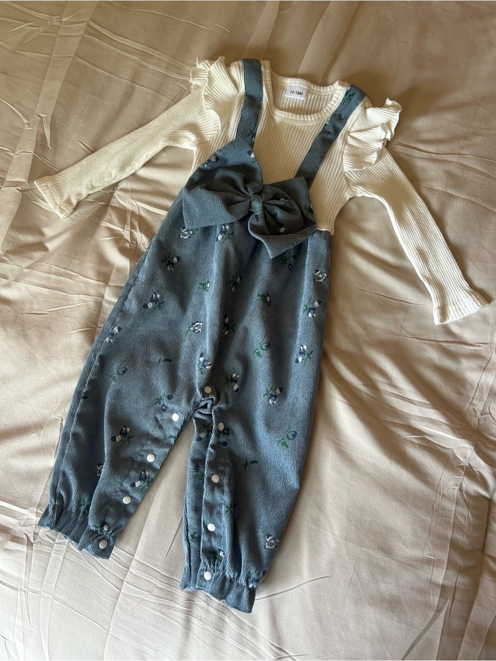 Girls Blue Floral Bow Overalls with Cream Long-Sleeve Top